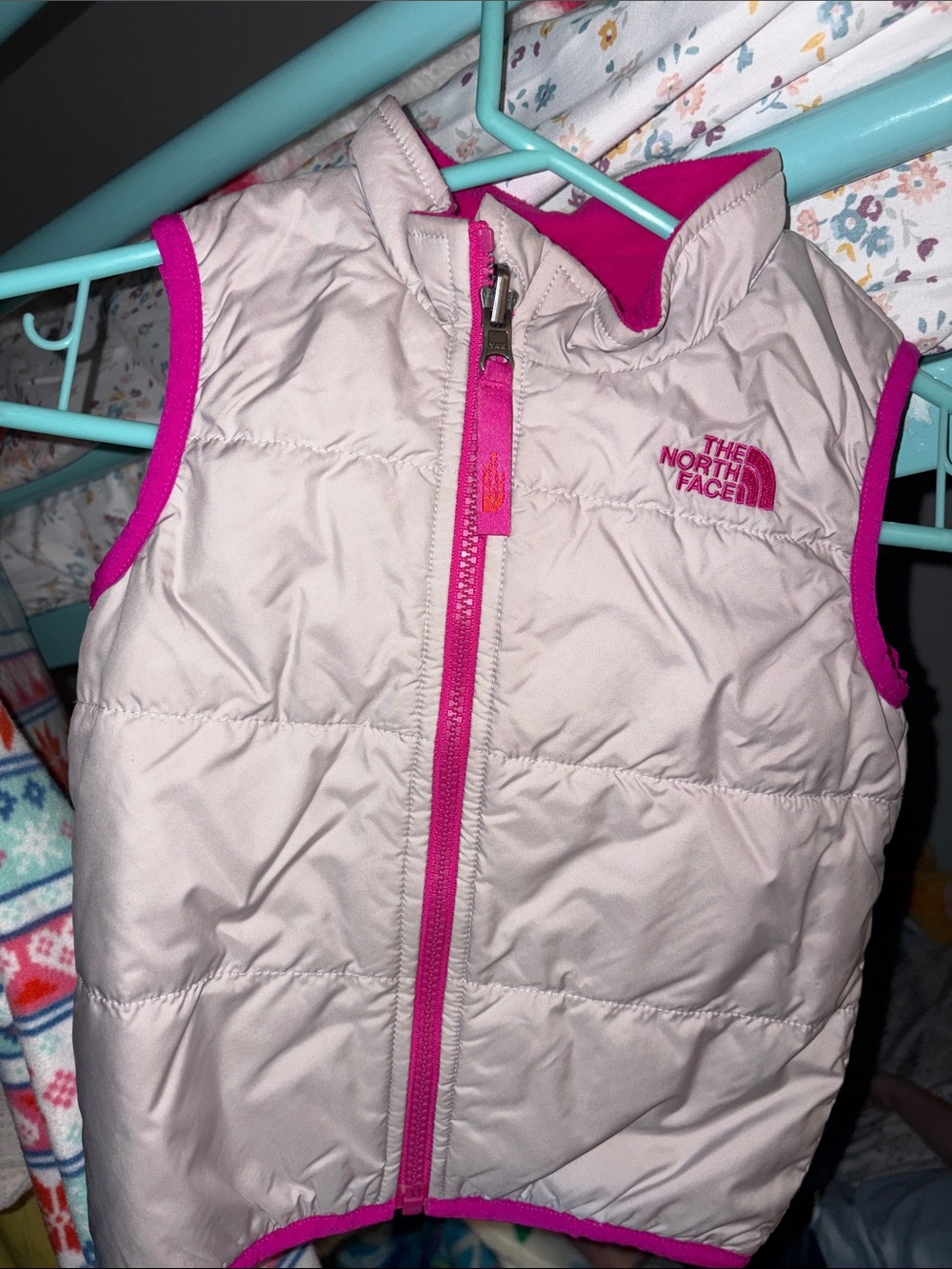 The North Face Girls Light Pink Puffer Vest with Hot Pink Trim